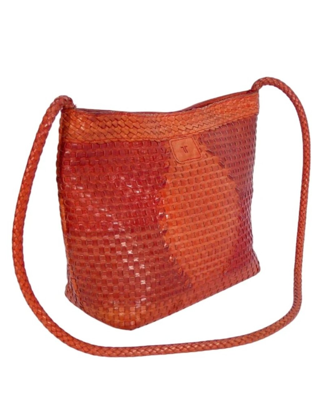VINTAGE Hand Woven Terracotta-Orange Leather Shoulder Bag - Made in BRAZIL